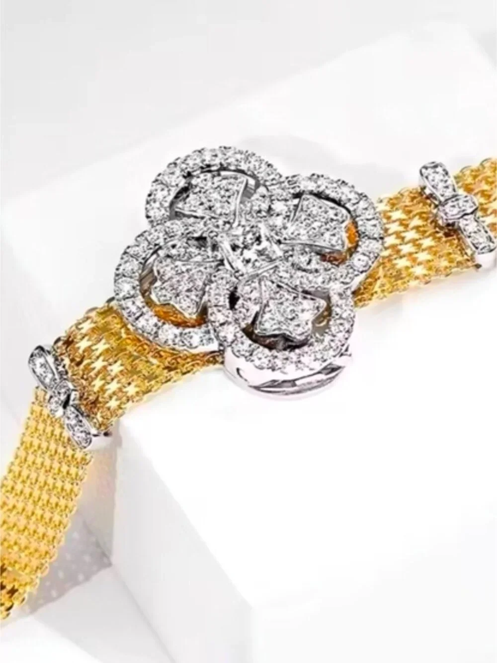 Gold Mesh Bracelet with Crystal Floral Emblem